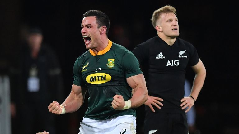 Jesse Kriel celebrates victory during the Rugby Championship match between the New Zealand All Blacks and South Africa at Westpac Stadium in Wellington