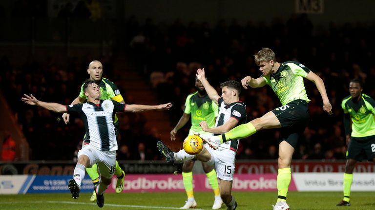 Celtic's Kristoffer Ajer (right) shoots at goal during the Scottish Premiership match at the Simple Digital Arena, St Mirren