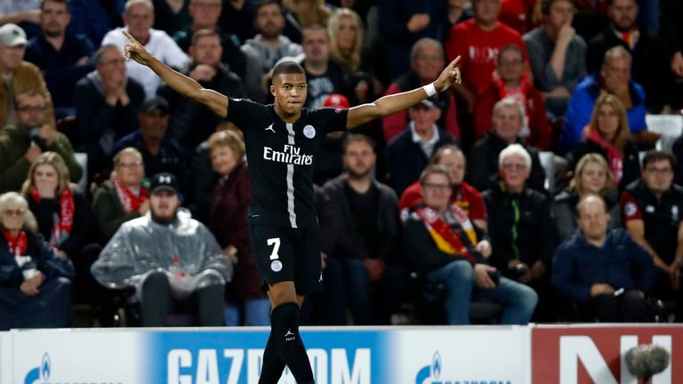 Kylian Mbappe of Paris Saint-Germain celebrates after scoring his team's second goal during the Group C match of the UEFA Champions League between Liverpool and Paris Saint-Germain at Anfield on September 18, 2018 in Liverpool, United Kingdom
