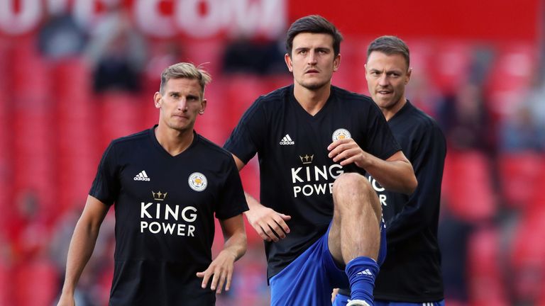 Leicester City's (from left to right) Marc Albrighton, Harry Maguire and Jonny Evans before the Premier League match at Old Trafford, Manchester.