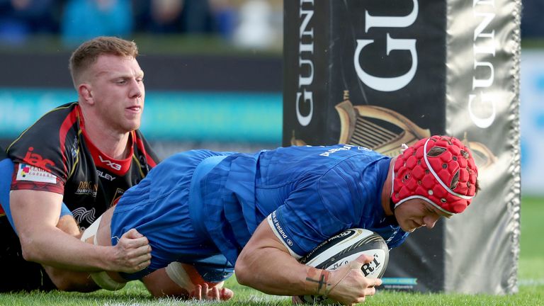 Leinster's Josh van der Flier scores a try on his return from injury