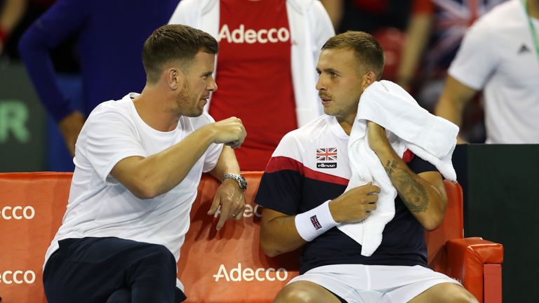 Leon Smith, captain of Team Great Britain speaks to Dan Evans during day one of the Davis Cup by BNP Paribas World Group single's play-off between Great Britain and Uzbekistan at Emirates Arena on September 14, 2018 in Glasgow, Scotland.