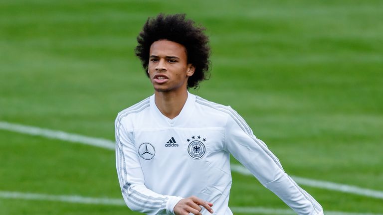 Leroy Sane of Germany looks on during a team Germany training session at Bayern Muenchen Campus on September 3, 2018 in Munich, Germany