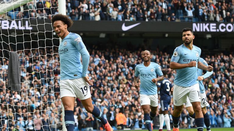 Leroy Sane celebrates putting Manchester City ahead against Fulham