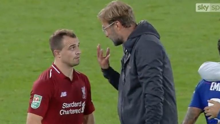 Jurgen Klopp engaged in a heated chat with winger Xherdan Shaqiri following Liverpool&#39;s Carabao Cup defeat to Chelsea.