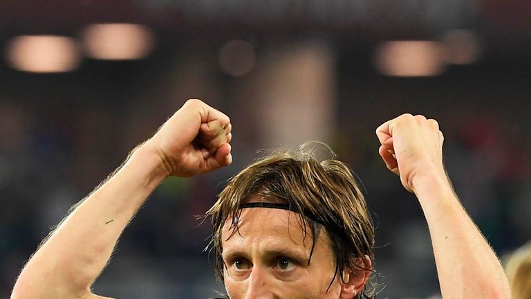 Luka Modric celebrates his penalty against Nigeria during the 2018 World Cup group stage