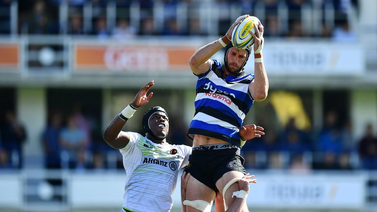  Luke Charteris of Bath claims the line out ahead of Maro Itoje