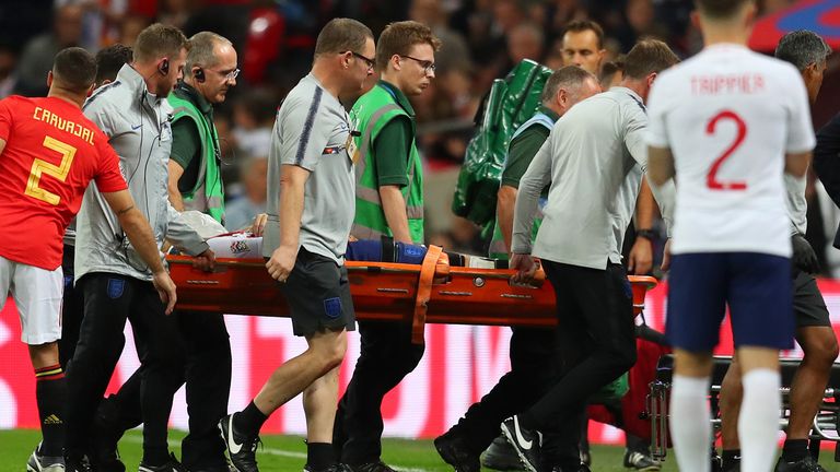 Luke Shaw of England is stretchered from the pitch following injury during the UEFA Nations League A group four match between England and Spain at Wembley Stadium on September 8, 2018 in London, United Kingdom. 