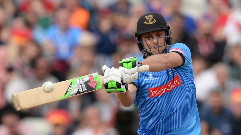 BIRMINGHAM, ENGLAND - SEPTEMBER 15: Luke Wright of Sussex hits out during the Vitality T20 Blast second semi-final between Sussex Sharks and Somerset at Edgbaston cricket ground on September 15, 2018 in Birmingham, England. (Photo by Philip Brown/Getty Images)  *** Local Caption *** Luke Wright; 