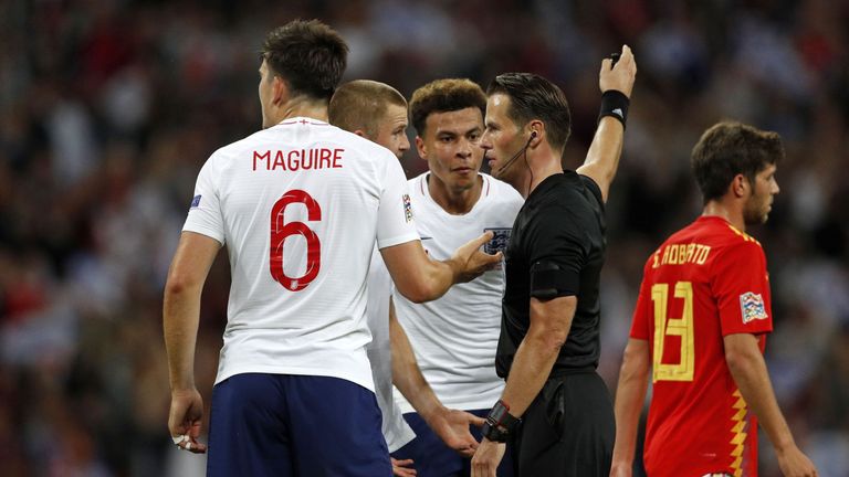 England players complain after Danny Welbeck&#39;s goal is ruled out against Spain
