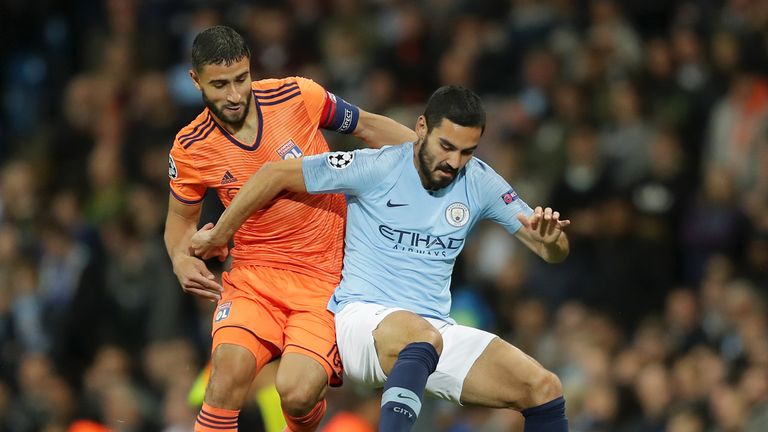 Nabil Fekir and Ilkay Gundogan during the Group F match of the UEFA Champions League between Manchester City and Olympique Lyonnais at Etihad Stadium on September 19, 2018 in Manchester, United Kingdom.