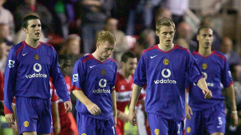 MIDDLESBROUGH, ENGLAND - OCTOBER 29: John O'Shea, Paul Scholes and Darren Fletcher of Manchester United look disappointed while walking off at half-time during the Barclays Premiership match between Middlesbrough and Manchester United at the Riverside Stadium on October 29 2005 in Middlesbrough, England. (Photo by Matthew Peters/Manchester United via Getty Images) *** Local Caption *** John O'Shea;Paul Scholes;Darren Fletcher