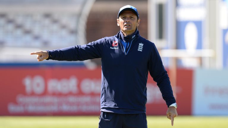 DERBY, ENGLAND - JUNE 21 : Mark Ramprakash, coach of the England Lions points during a training session at the 3aaa County Ground on June 21, 2018 in Derby, England. (Photo by Philip Brown/Getty Images) *** Local Caption *** Mark Ramprakash