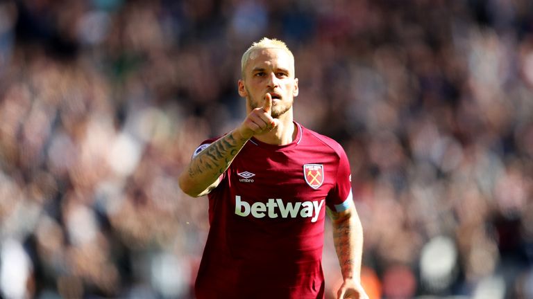 Marko Arnautovic celebrates scoring the third West Ham goal