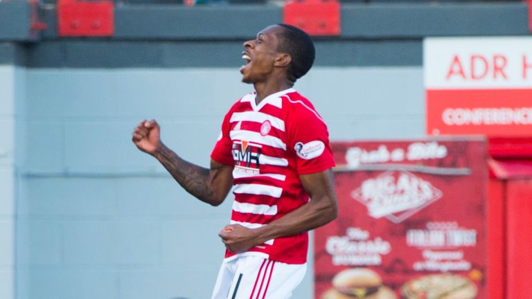 Hamilton striker Mickel Miller celebrates one of his two goals against St Mirren last week. 