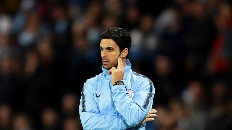 Mikel Arteta during the Group F match of the UEFA Champions League between Manchester City and Olympique Lyonnais at Etihad Stadium on September 19, 2018 in Manchester, United Kingdom.