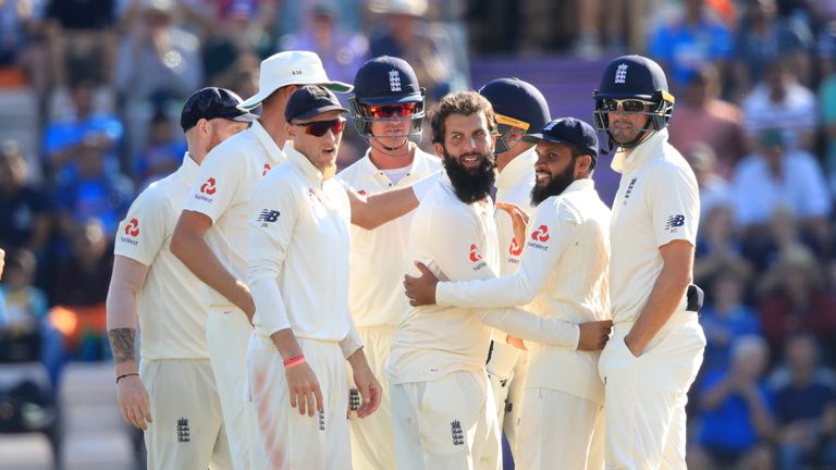 England's Moeen Ali celebrates the wicket of India's Ajinkya Rahane