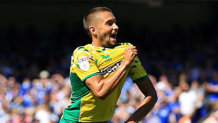 Moritz Leitner of Norwich City celebrates after scoring his team's first goal during the Sky Bet Championship match between Ipswich Town and Norwich City at Portman Road on September 2, 2018 in Ipswich, England.
