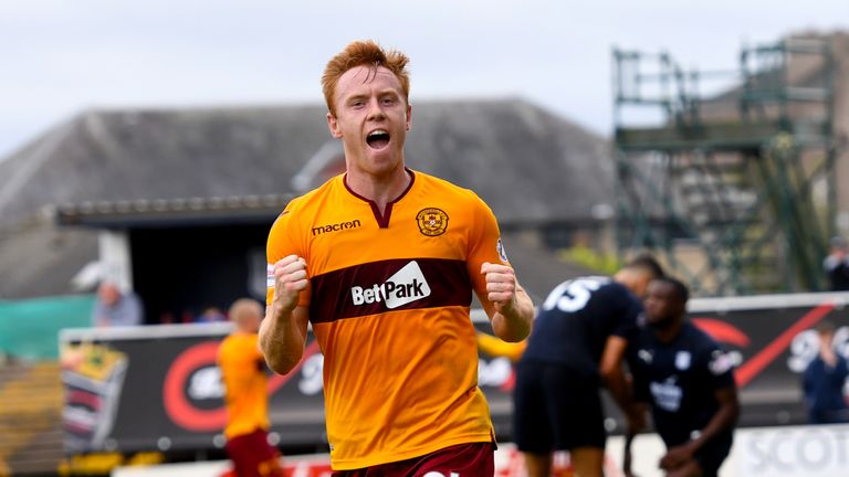Motherwell's Danny Johnson celebrates scoring the first goal of the game