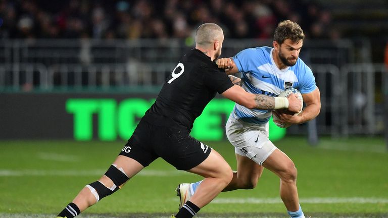 Argentina's Ramiro Moyano (R is tackled by New Zealand's TJ Perenara during the Rugby match between New Zealand and Argentina at Trafalgar Park in Nelson, New Zealand on September 8, 2018. (Photo by Marty MELVILLE / AFP)        (Photo credit should read MARTY MELVILLE/AFP/Getty Images)