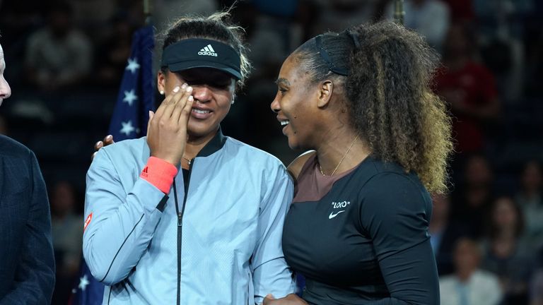 US Open Women&#39;s Singles champion Naomi Osaka of Japan (L) with Serena Williams of the US following their Women&#39;s Singles Finals match at the 2018 US Open at the USTA Billie Jean King National Tennis Center in New York on September 8, 2018.