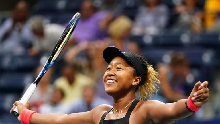 Naomi Osaka of Japan celebrates her victory over Madison Keys of the US after their 2018 US Open women's singles semi-finals tennis match on September 6, 2018 in New York. 