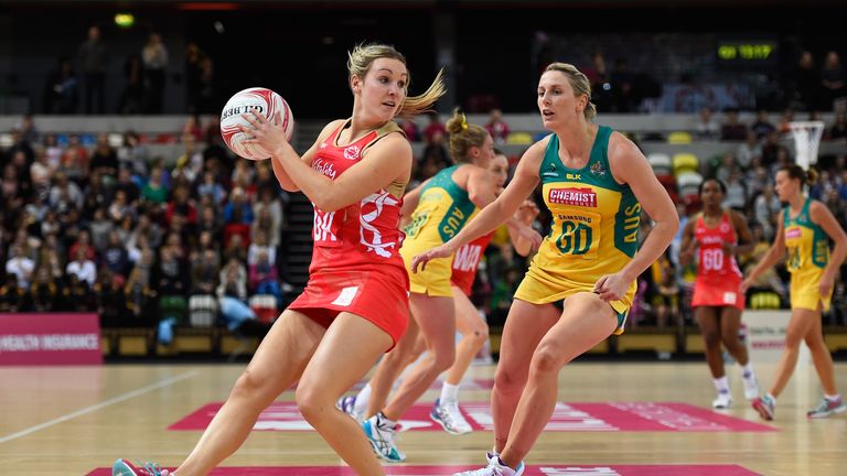 Natalie Haythornthwaite of England is challenged by Clare McMeniman of Australia during the second International Netball Series match between England and Australia at Copper Box Arena on January 22, 2016 in London, England. (