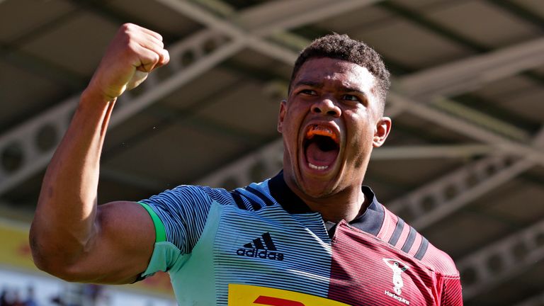 Nathan Earle of Harlequins celebrates after scoring their second try during the Gallagher Premiership Rugby match between Harlequins and Sale Sharks at Twickenham Stoop on September 1, 2018 in London, United Kingdom