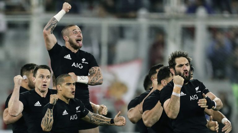 New Zealand's TJ Perenara perform the haka 