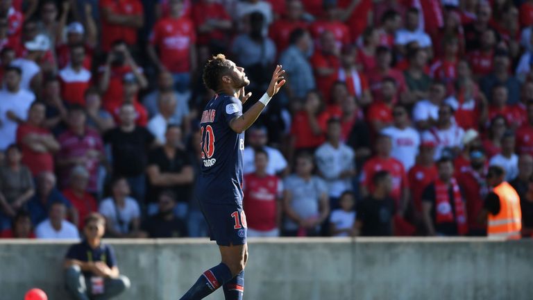 Neymar celebrates his goal for Paris Saint-Germain against Nimes