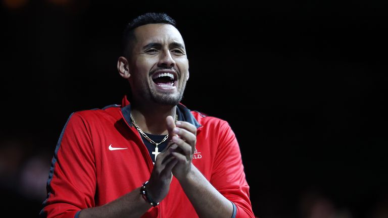 Nick Kyrgios supports from the players bench as John Isner of Team World plays his singles match against Dominic Thiem of Team Europe on the first day of the Laver Cup on September 22, 2017 in Prague, Czech Republic.