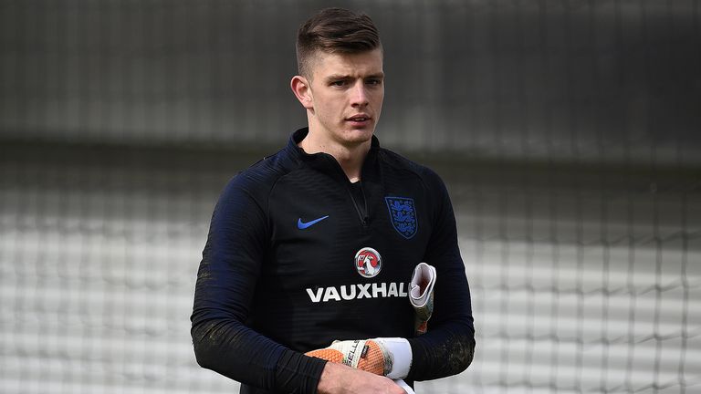 England&#39;s goalkeeper Nick Pope reacts during a training session at St George&#39;s Park in Burton-on-Trent on March 20, 2018, ahead of their international friendly football matches against the Netherlands on March 23 and Italy on March 27