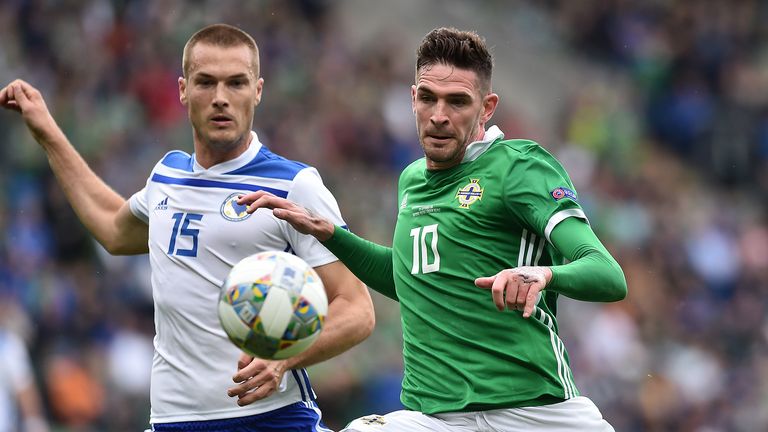 Kyle Lafferty of Northern Ireland and Toni Sunjic of Bosnia-Herzegovina during the UEFA Nations League B group three match between Northern Ireland and Bosnia-Herzegovina at Windsor Park on September 8, 2018 in Belfast, Northern Ireland.
