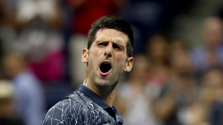 Novak Djokovic of Serbia celebrates after winning his men's singles quarter-final match against John Millman of Australia on Day Ten of the 2018 US Open at the USTA Billie Jean King National Tennis Center on September 5, 2018 in the Flushing neighborhood of the Queens borough of New York City.