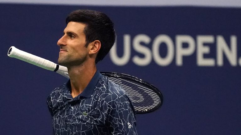 Novak Djokovic of Serbia reacts on court against Juan Martin del Potro of Argentina during their Men's Singles Finals match of the 2018 US Open at the USTA Billie Jean King National Tennis Center in New York on September 9, 2018. 