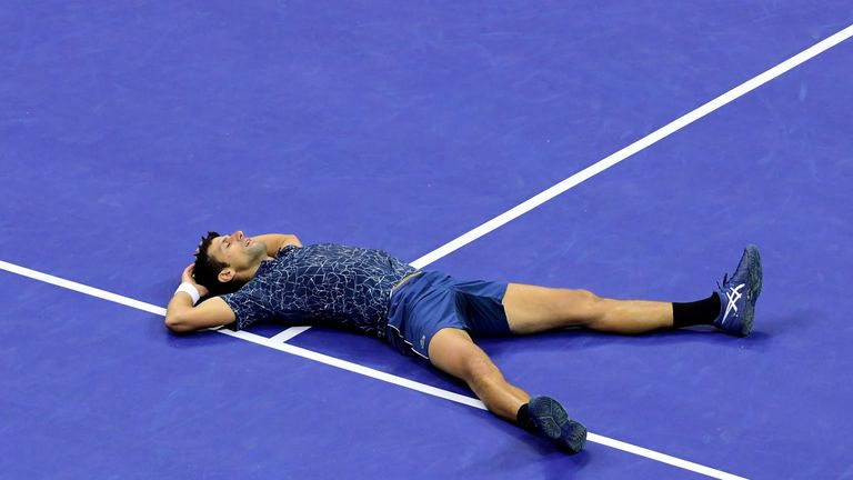 Novak Djokovic of Serbia celebrates after winning his men's Singles finals match against Juan Martin del Potro of Argentina on Day Fourteen of the 2018 US Open at the USTA Billie Jean King National Tennis Center on September 9, 2018 in the Flushing neighborhood of the Queens borough of New York City