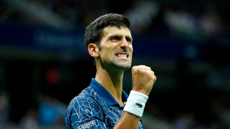 Novak Djokovic of Serbia celebrates a point while playing Juan Martin del Potro of Argentina during their 2018 US Open men's singles final match on September 9, 2018 in New York