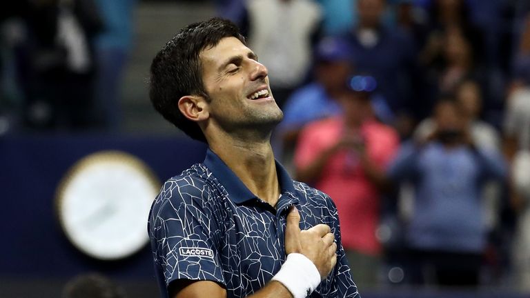 Novak Djokovic of Serbia celebrates after winning his men's Singles finals match against Juan Martin del Potro of Argentina on Day Fourteen of the 2018 US Open