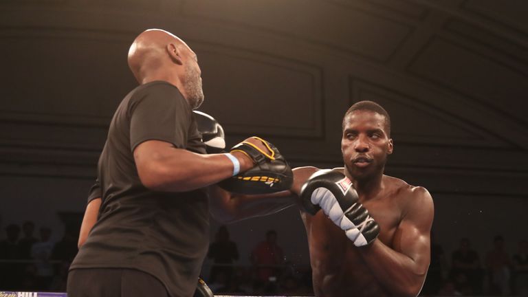 JOSHUA-POVETKIN PROMOTION.OPEN WORK OUTS,.YORK HALL..BETHNAL GREEN,.LONDON.PIC;LAWRENCE LUSTIG.LAWRENCE OKOLIE PERFORMS A PUBLIC WORK OUT AS HE PREPARES FOR HIS FIGHT ON EDDIE HEARNS MATCHROOM PROMOTION AT WEMBLEY STADIUM ON SATURDAY(22-9-18).
