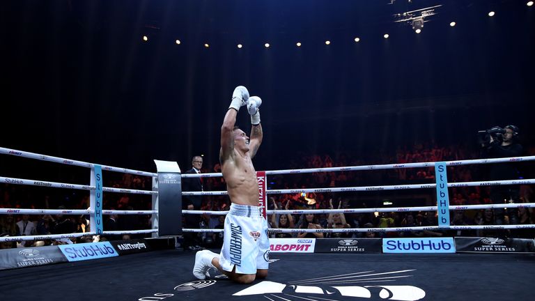 BERLIN, GERMANY - SEPTEMBER 09: Aleksandr Usyk of Ukraine celebrates after winning the WBO Cruiserweight World Boxing Super Series fight against Marco Huck of Germany at Max Schmeling Halle on September 9, 2017 in Berlin, Germany. (Photo by Ronny Hartmann/Bongarts/Getty Images)   *** Local caption *** Aleksandr Usyk
