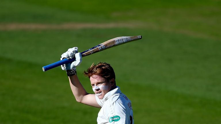 Ollie Pope of Surrey celebrates his century during day three of the Specsavers County Championship Division One match between Surrey and Essex at The Kia Oval on September 26, 2018 in London, England.  (Photo by Jordan Mansfield/Getty Images)