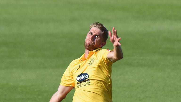 Olly Stone of Birmingham Bears bowls during the Vitality Blast match between Northamptonshire Steelbacks and Birmingham Bears at The County Ground on August 5, 2018 in Northampton, England.