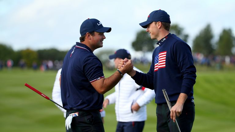 AUCHTERARDER, SCOTLAND - SEPTEMBER 27:  Patrick Reed (L) and Jordan Spieth of the United States celebrate victory on the 15th hole during the Morning Fourballs of the 2014 Ryder Cup on the PGA Centenary course at the Gleneagles Hotel on September 27, 2014 in Auchterarder, Scotland.  (Photo by Mike Ehrmann/Getty Images)