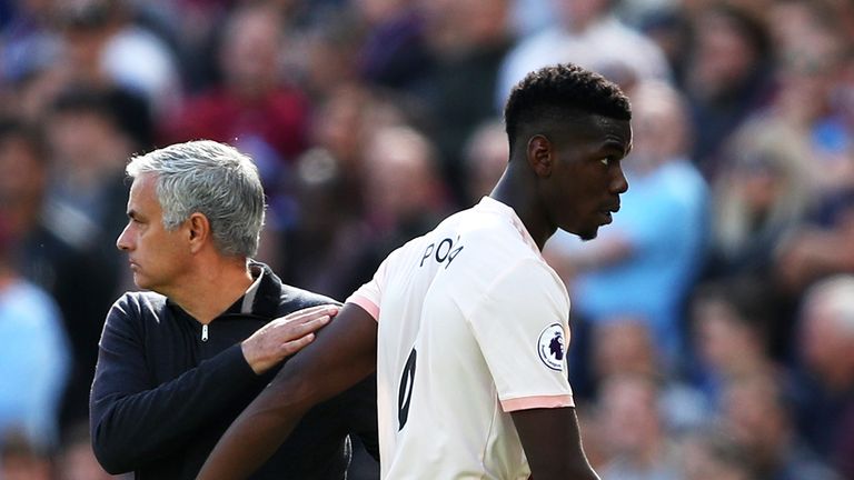Paul Pogba walks past Jose Mourinho after his second-half substitution
