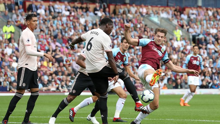 Burnley's James Tarkowski (right) charges down Manchester United midfielder Paul Pogba