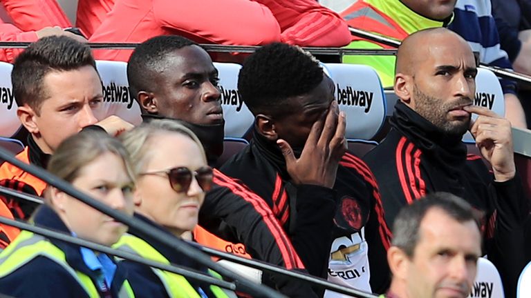 Paul Pogba on the Manchester United bench alongside team-mates Ander Herrera, Eric Bailly and Lee Grant