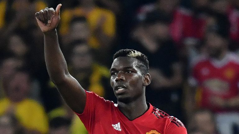 Manchester United&#39;s French midfielder Paul Pogba gestures during the UEFA Champions League group H football match between Young Boys and Manchester United at The Stade de Suisse in Bern on September 19, 2018