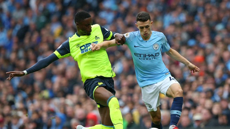  during the Premier League match between Manchester City and Huddersfield Town at Etihad Stadium on August 19, 2018 in Manchester, United Kingdom.