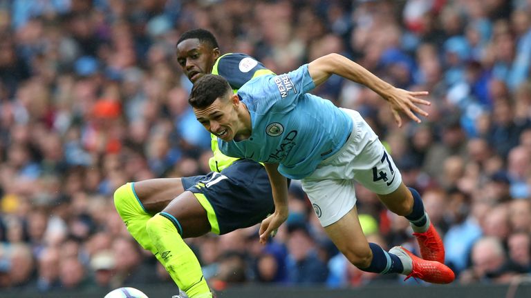 Phil Foden during the Premier League match between Manchester City and Huddersfield Town at Etihad Stadium on August 19, 2018 in Manchester, United Kingdom.