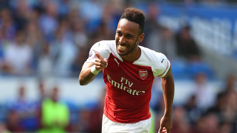Pierre-Emerick Aubameyang of Arsenal celebrates after scoring his team's second goal during the Premier League match between Cardiff City and Arsenal FC at Cardiff City Stadium on September 2, 2018 in Cardiff, United Kingdom